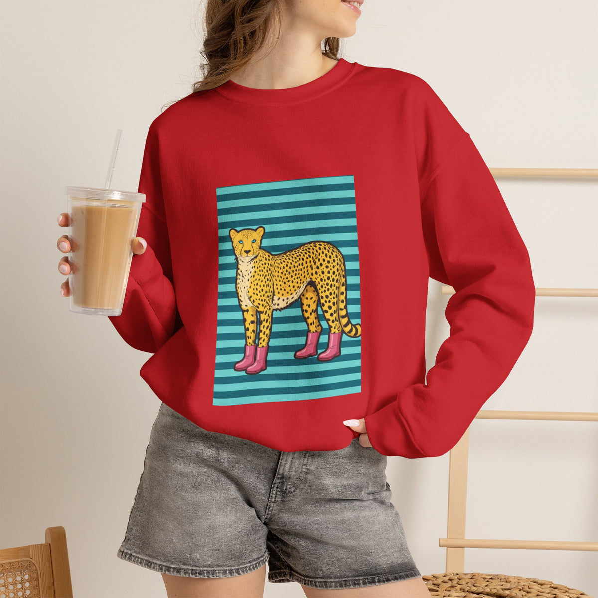 Cheetah in pink boots Unisex Heavy Blend™ Crewneck Sweatshirt