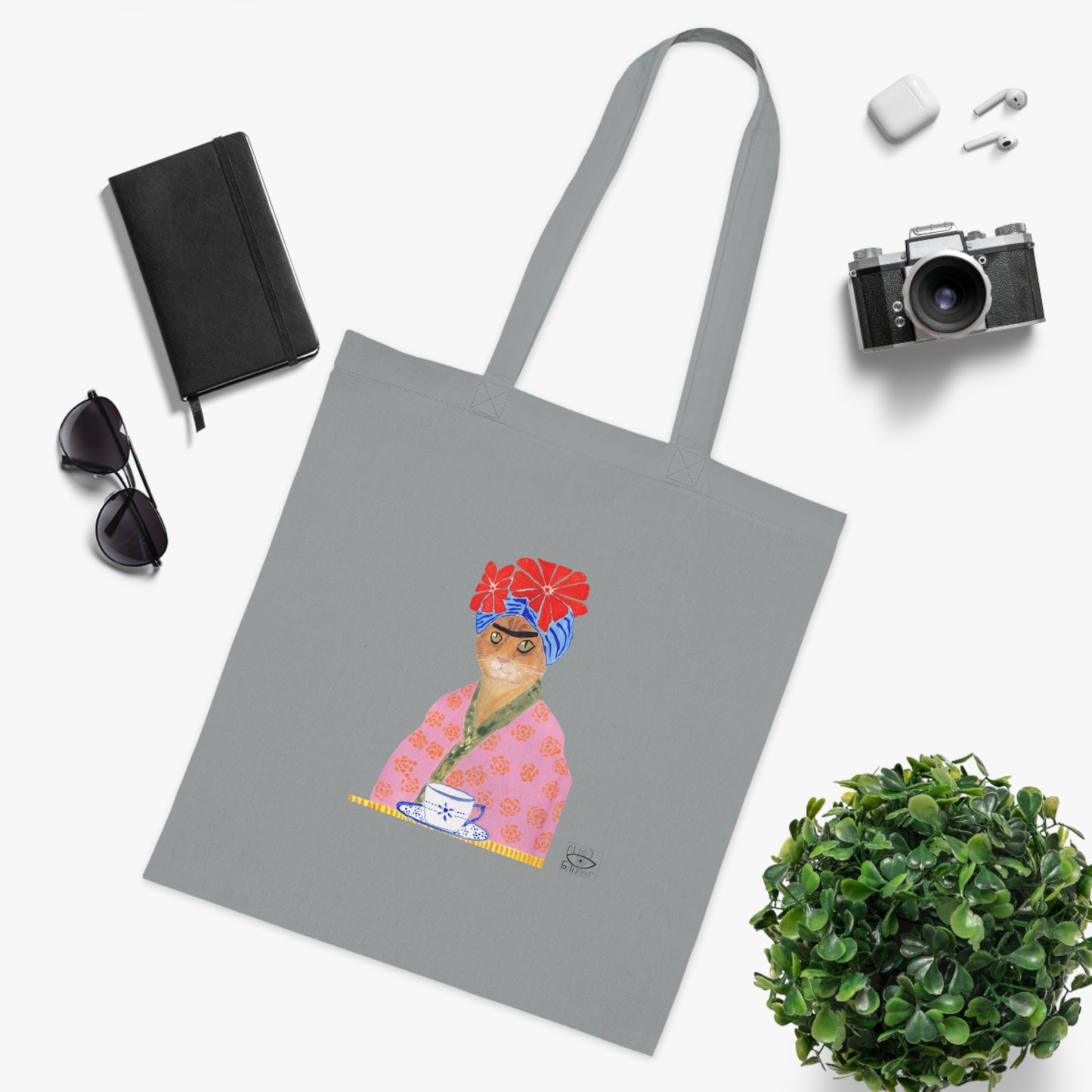 Frida Cat Cotton Tote Bag with Illustrated Woman Design