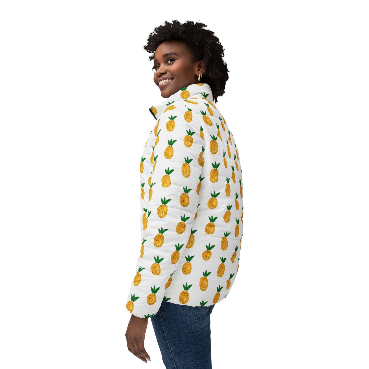 Pineapple Print Women's Puffer Jacket – All-Over White Tropical Coat