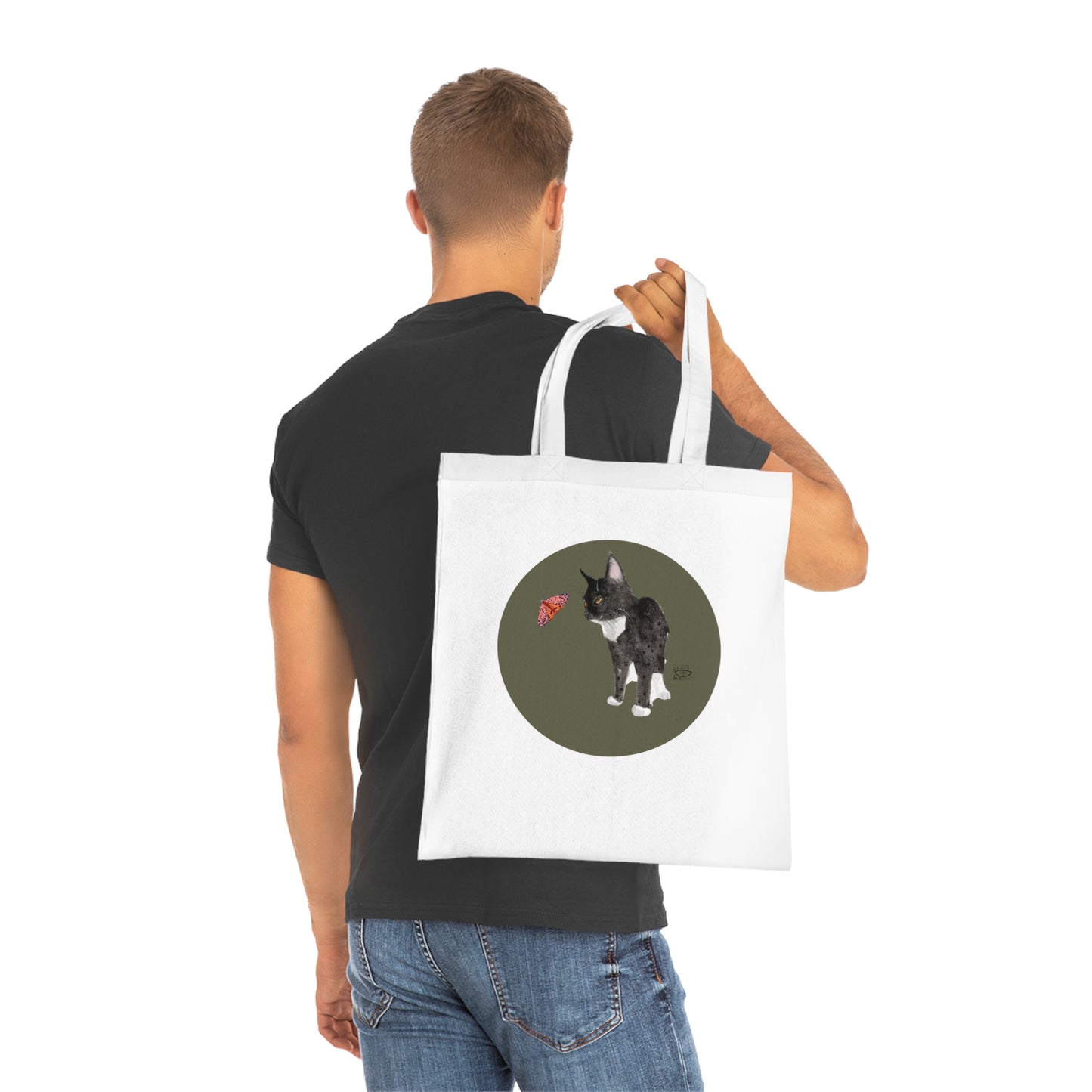 Cat and Butterfly Cotton Tote Bag, Eco-Friendly Shopping Tote, Cute Pet Lover Gift, Animal Lover Tote, Reusable Grocery Bag