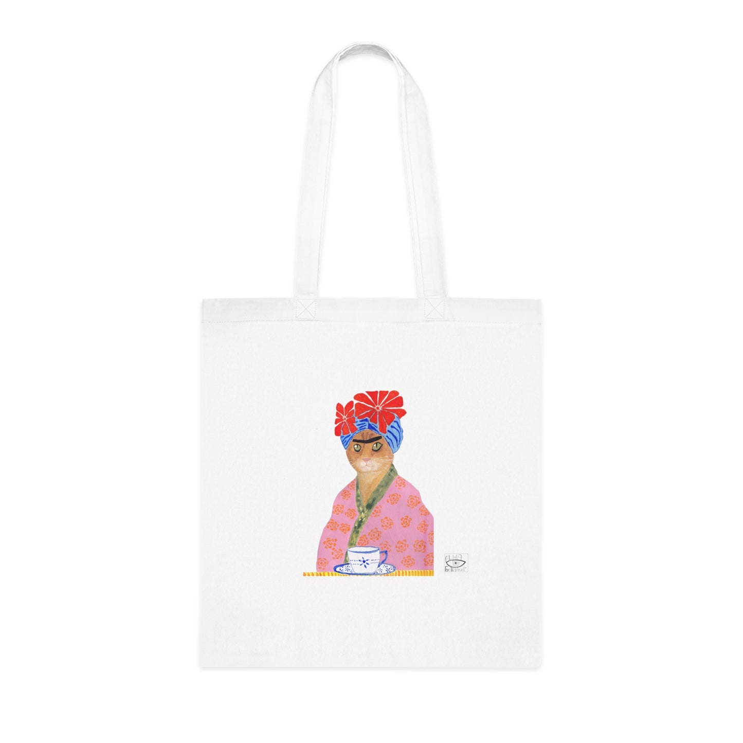Frida Cat Cotton Tote Bag with Illustrated Woman Design