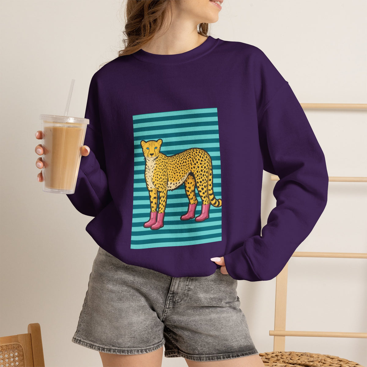 Cheetah in pink boots Unisex Heavy Blend™ Crewneck Sweatshirt