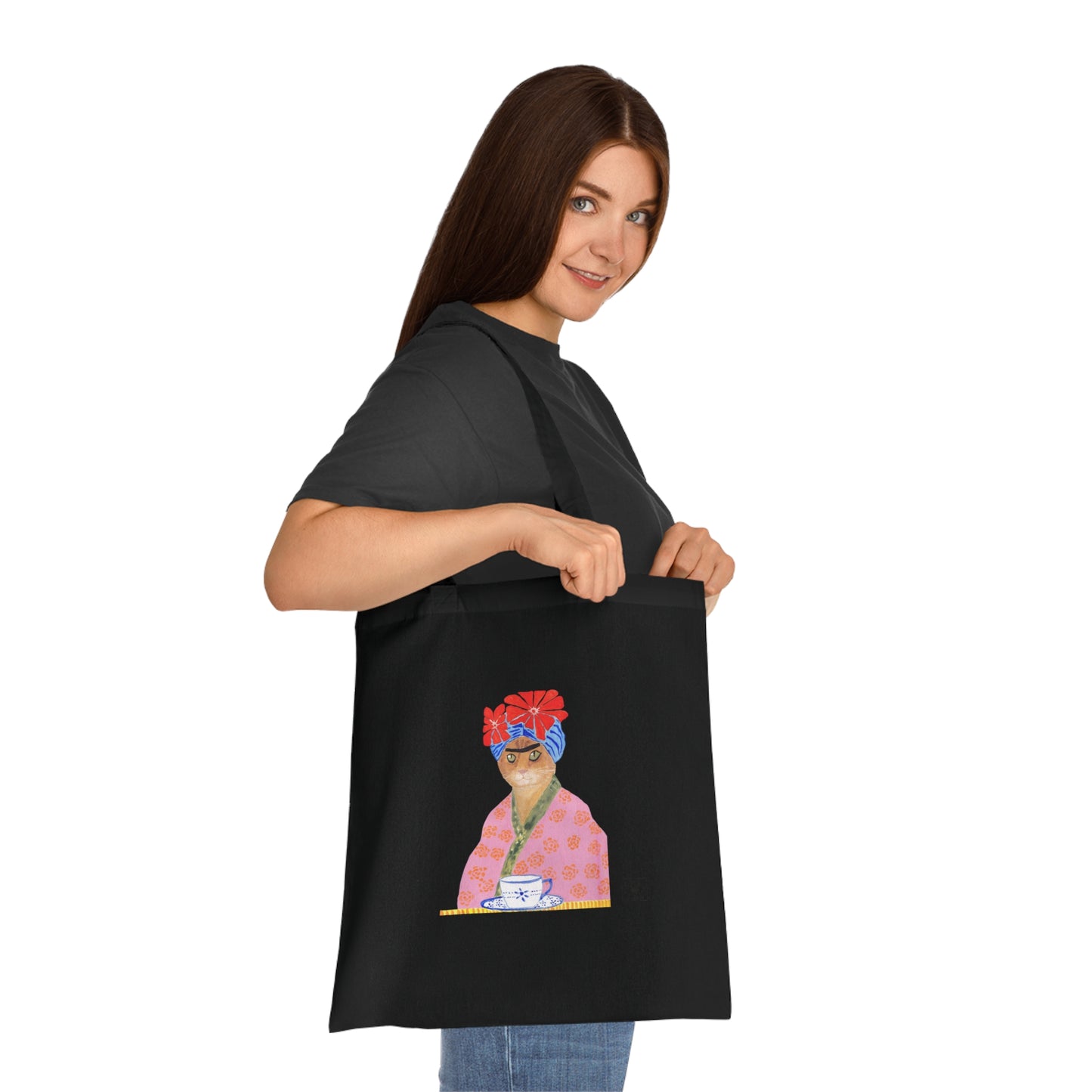 Frida Cat Cotton Tote Bag with Illustrated Woman Design