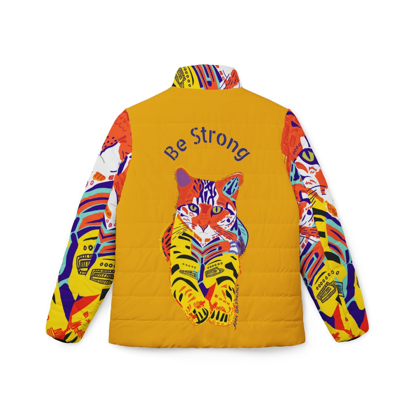 Be Strong Women's Puffer Jacket - Bold Yellow Tiger Design