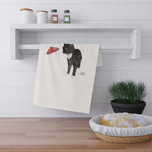 Whimsical Cat and Butterfly Tea Towels - Cotton & Poly Kitchen Decor