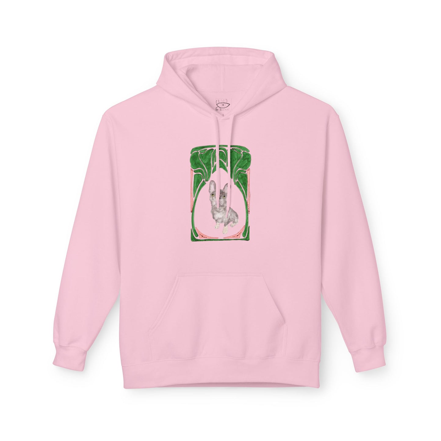 French Bulldog Art Hoodie — Watercolor  with Green Frame Back Print