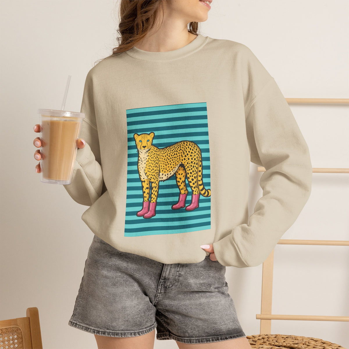 Cheetah in pink boots Unisex Heavy Blend™ Crewneck Sweatshirt