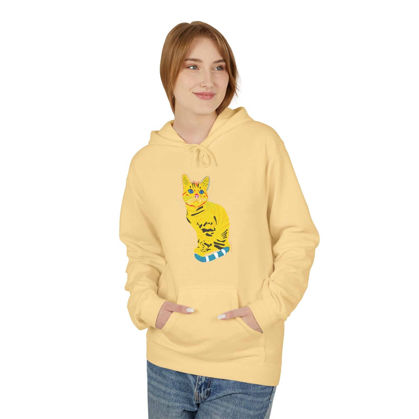 Yellow  Cat Hoodie — Vibrant  Cat Graphic Pullover