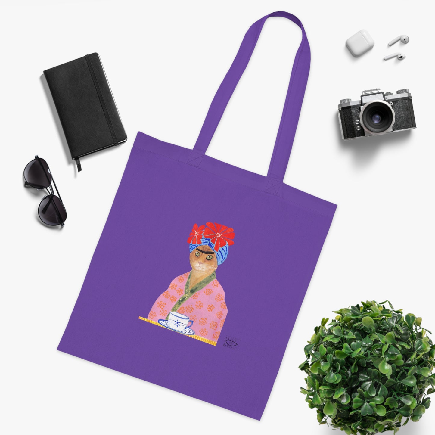 Frida Cat Cotton Tote Bag with Illustrated Woman Design