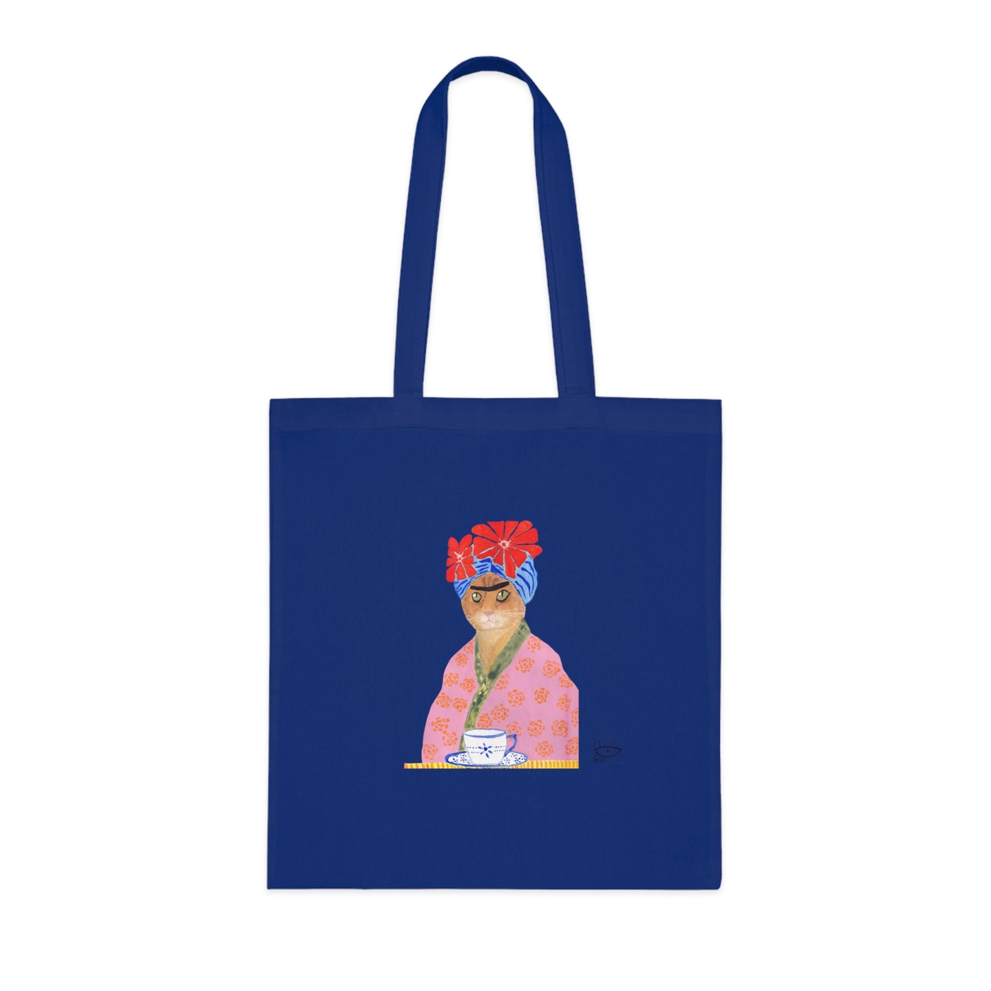 Frida Cat Cotton Tote Bag with Illustrated Woman Design