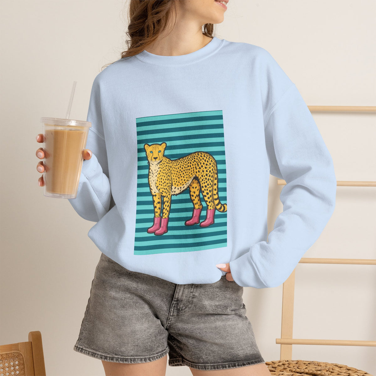 Cheetah in pink boots Unisex Heavy Blend™ Crewneck Sweatshirt