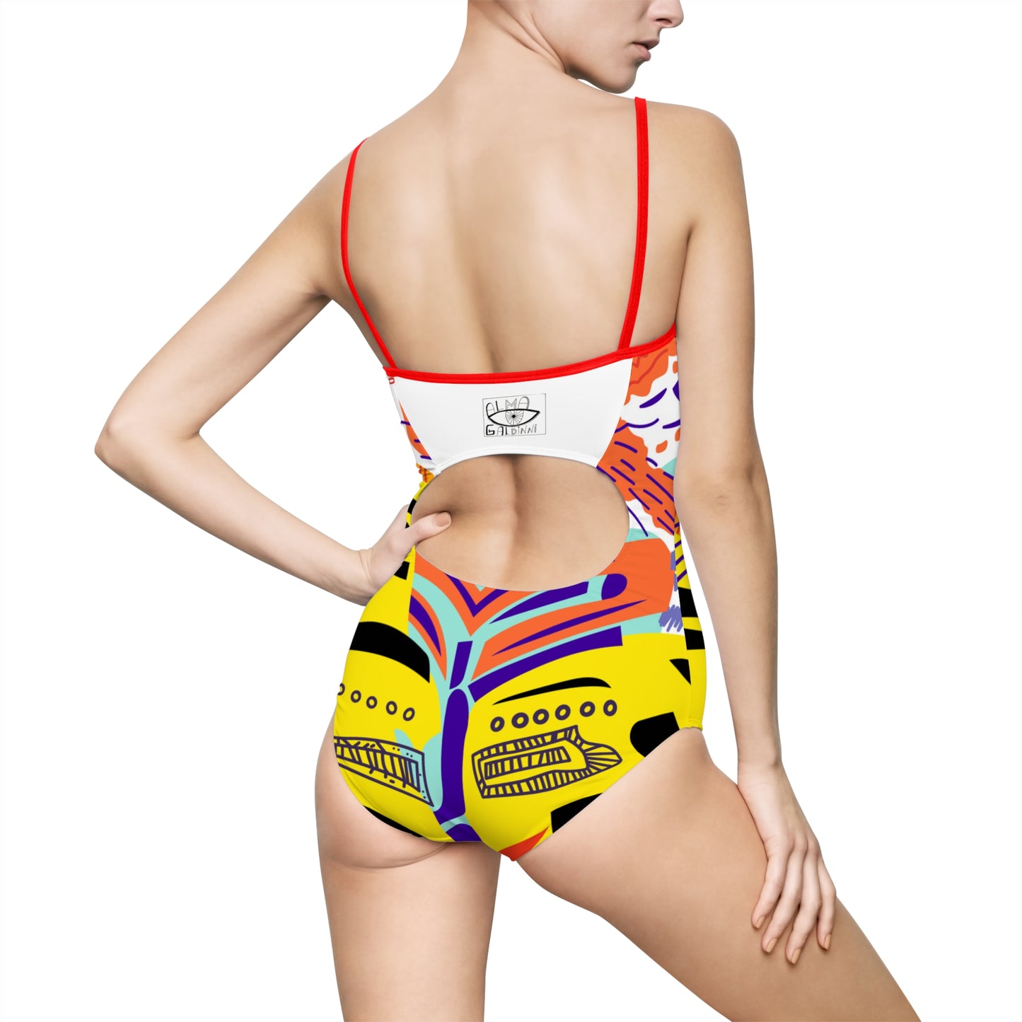 Cat Face Retro Print One-Piece Swimsuit — Bold Colorful Graphic Swimwear