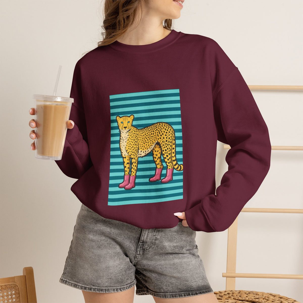 Cheetah in pink boots Unisex Heavy Blend™ Crewneck Sweatshirt