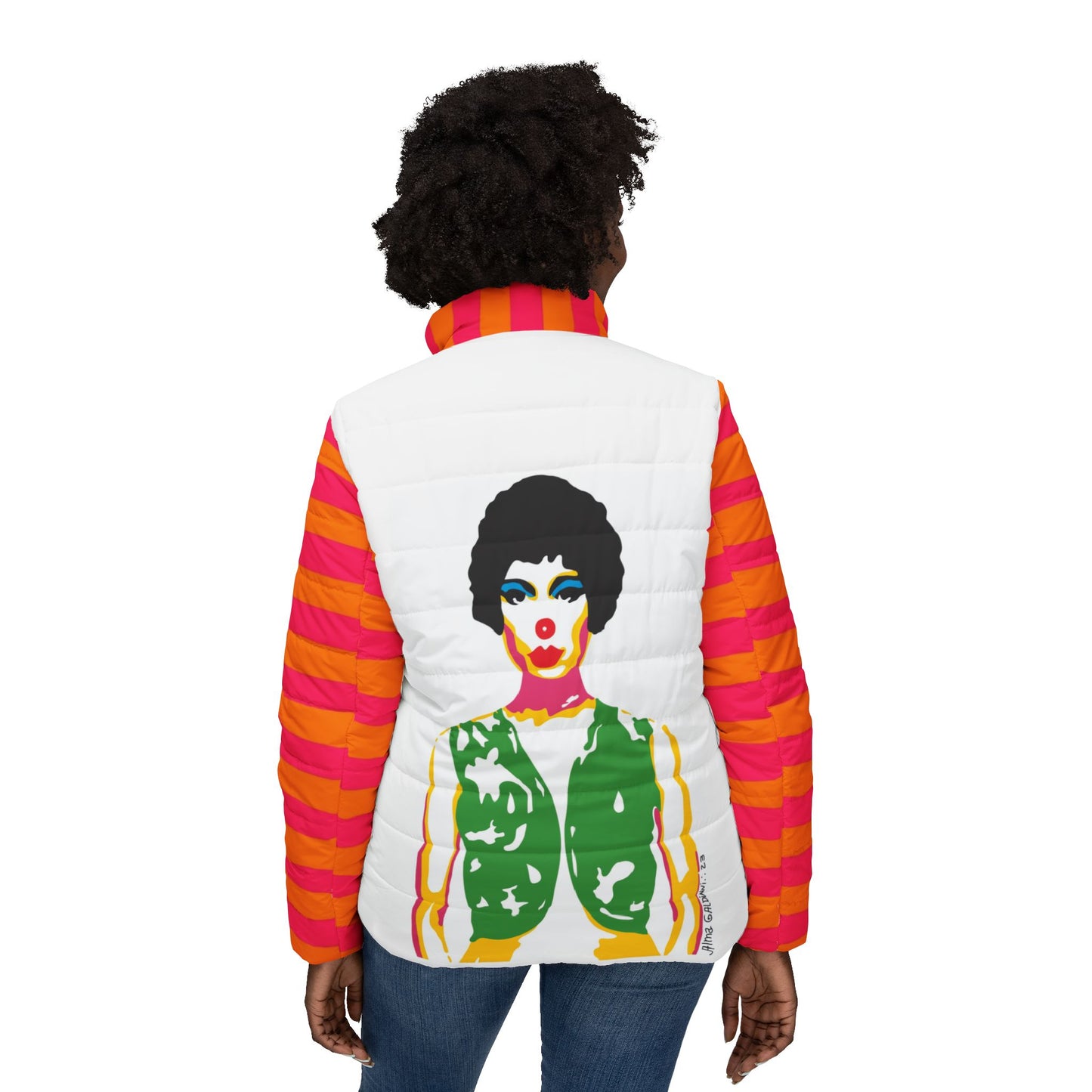 Retro Pop Art clown Puffer Jacket — Colorful Striped Sleeves with Bold Female Portrait