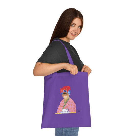 Frida Cat Cotton Tote Bag with Illustrated Woman Design