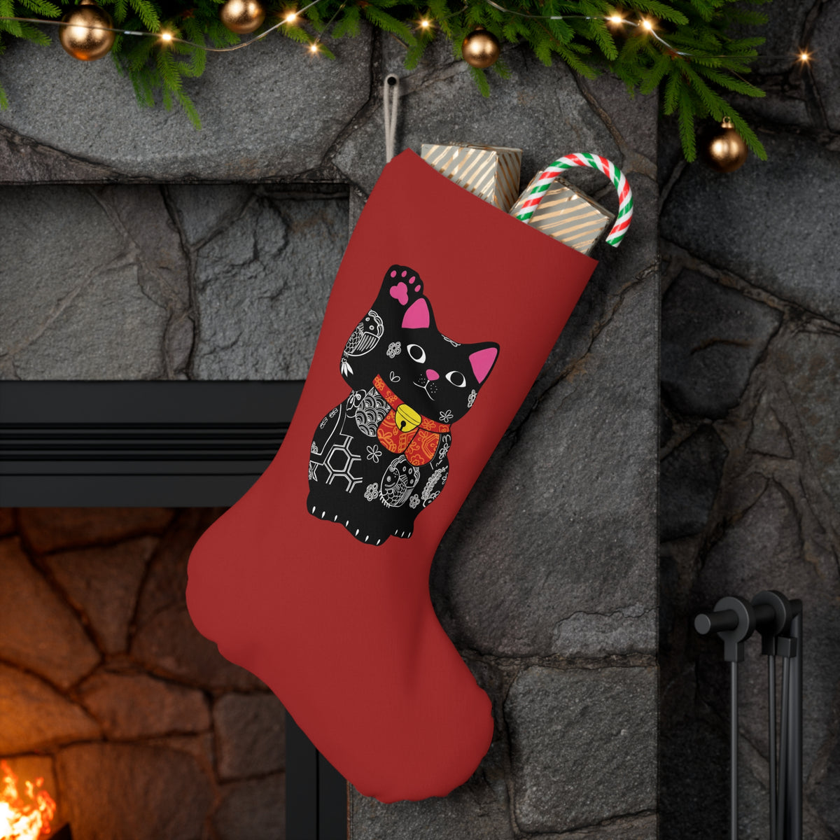 Lucky Cat Santa Stocking