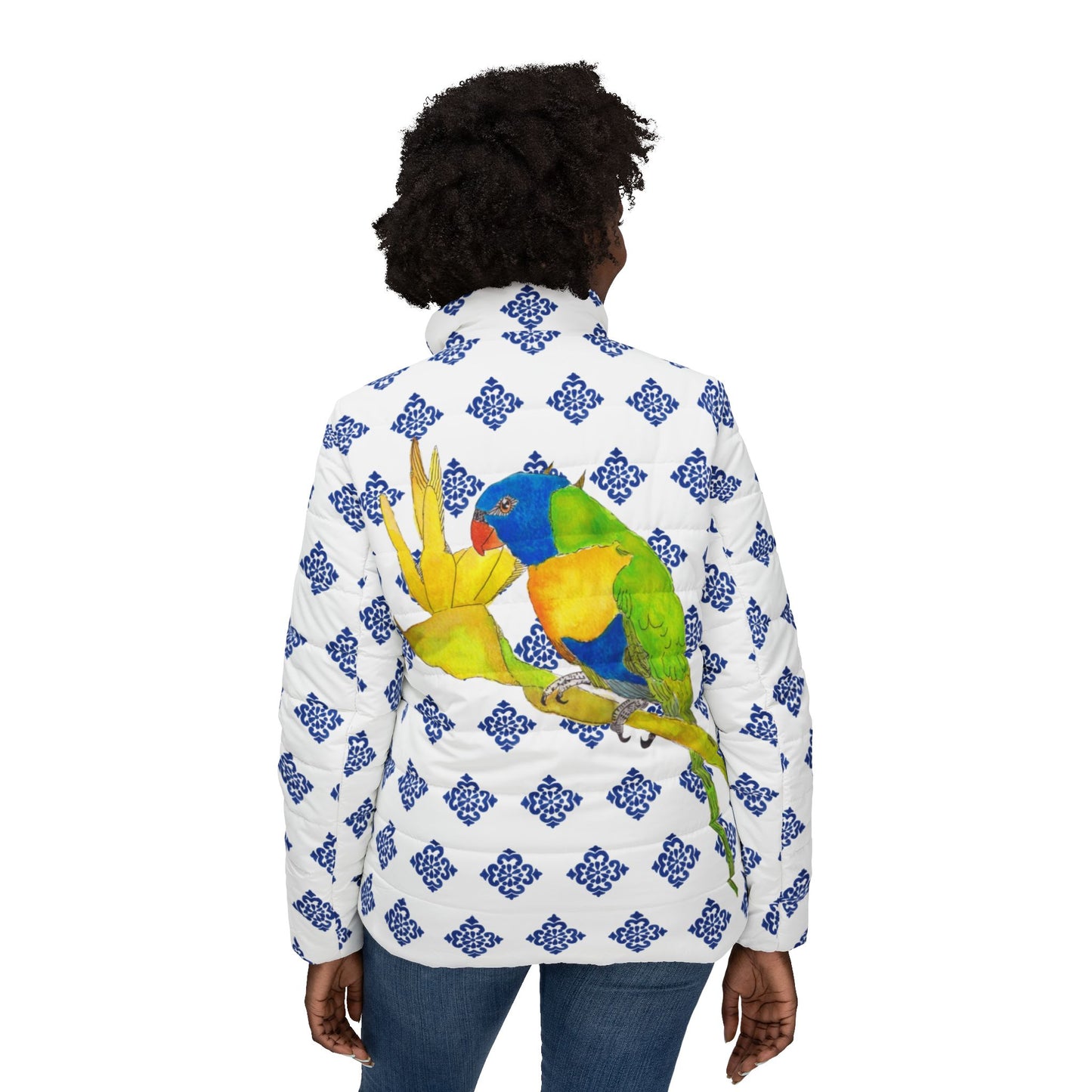 POrtugal tiles and Parrot Puffer Jacket — Women’s Quilted Bird Print Winter Coat