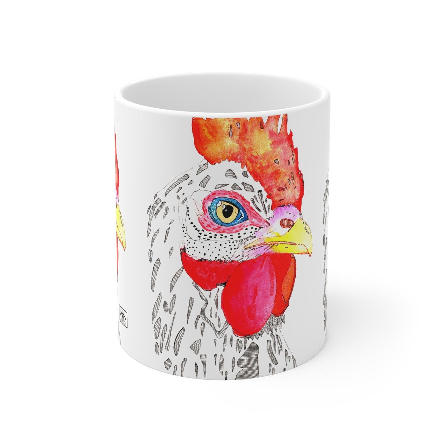 Artistic Chicken Mug - 11oz White Coffee Cup with Colorful Hen Design