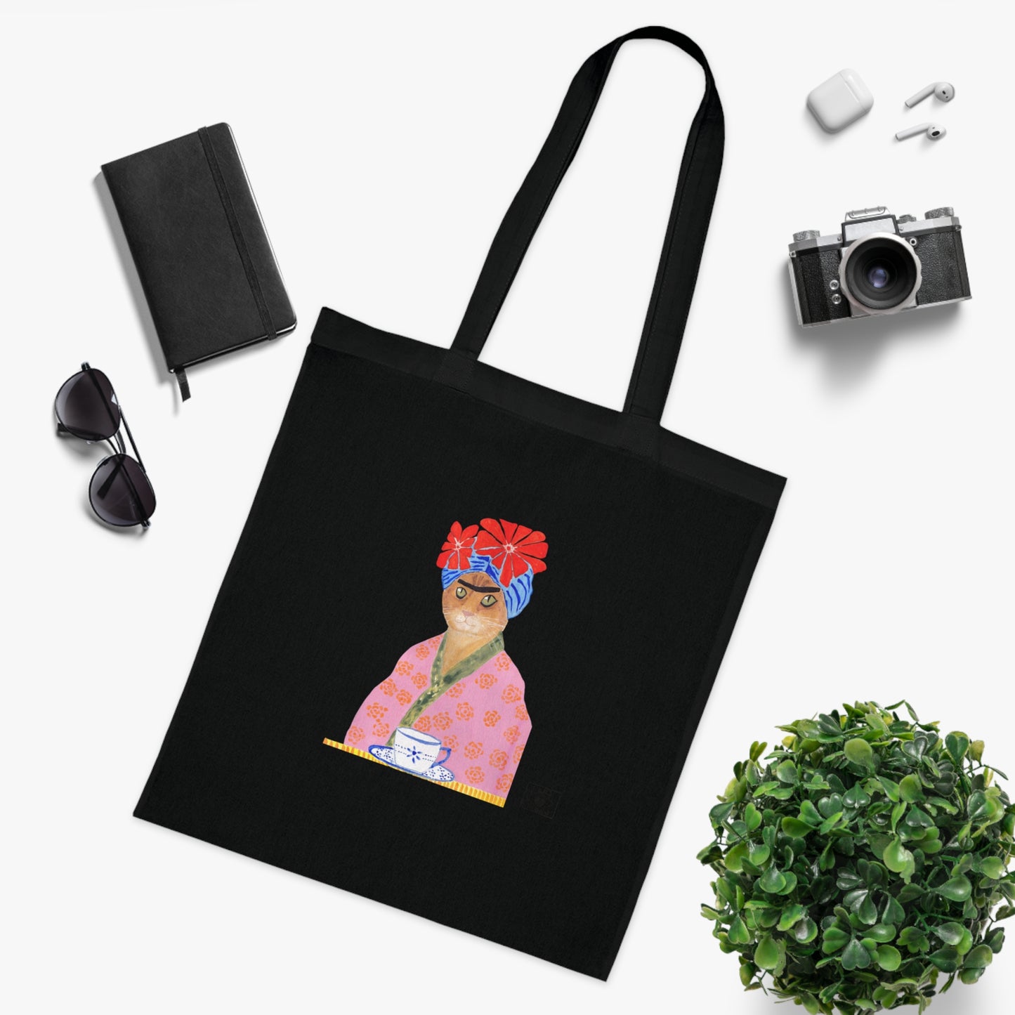 Frida Cat Cotton Tote Bag with Illustrated Woman Design