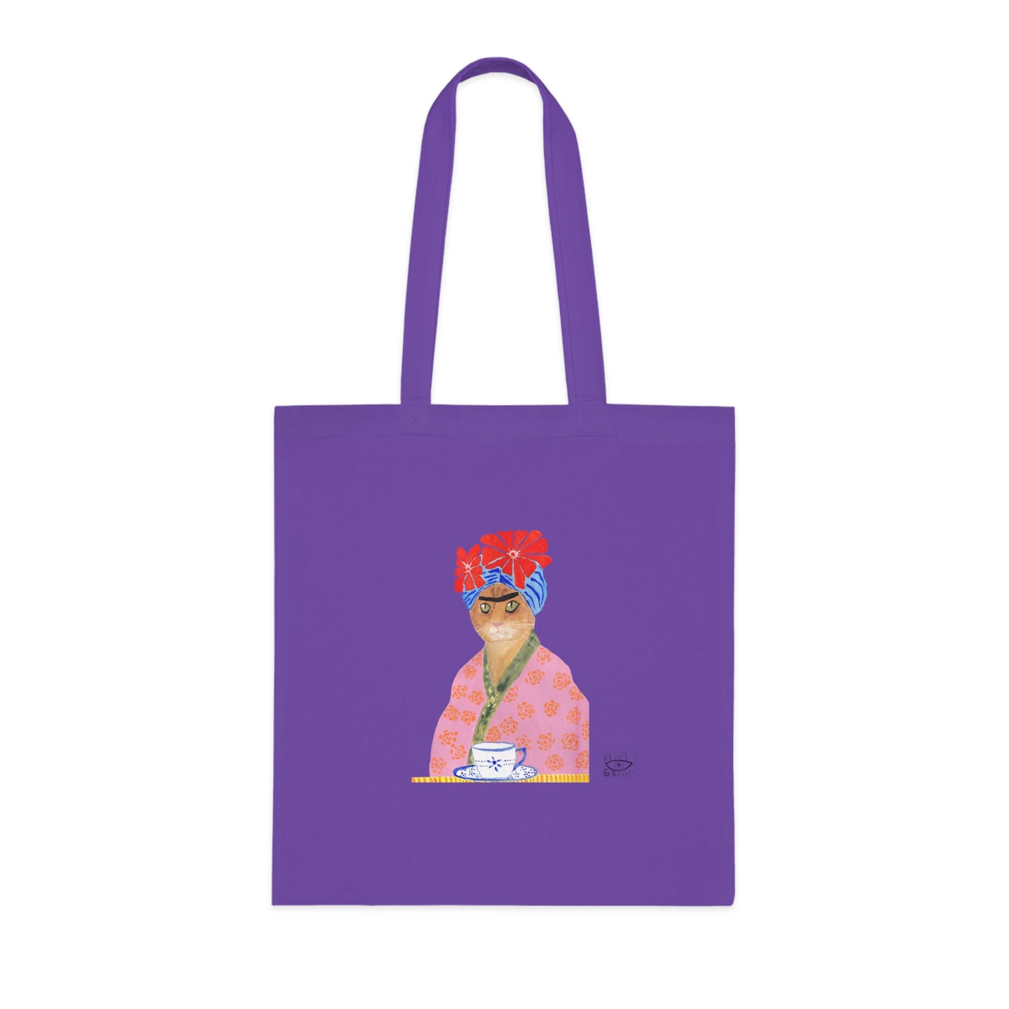Frida Cat Cotton Tote Bag with Illustrated Woman Design