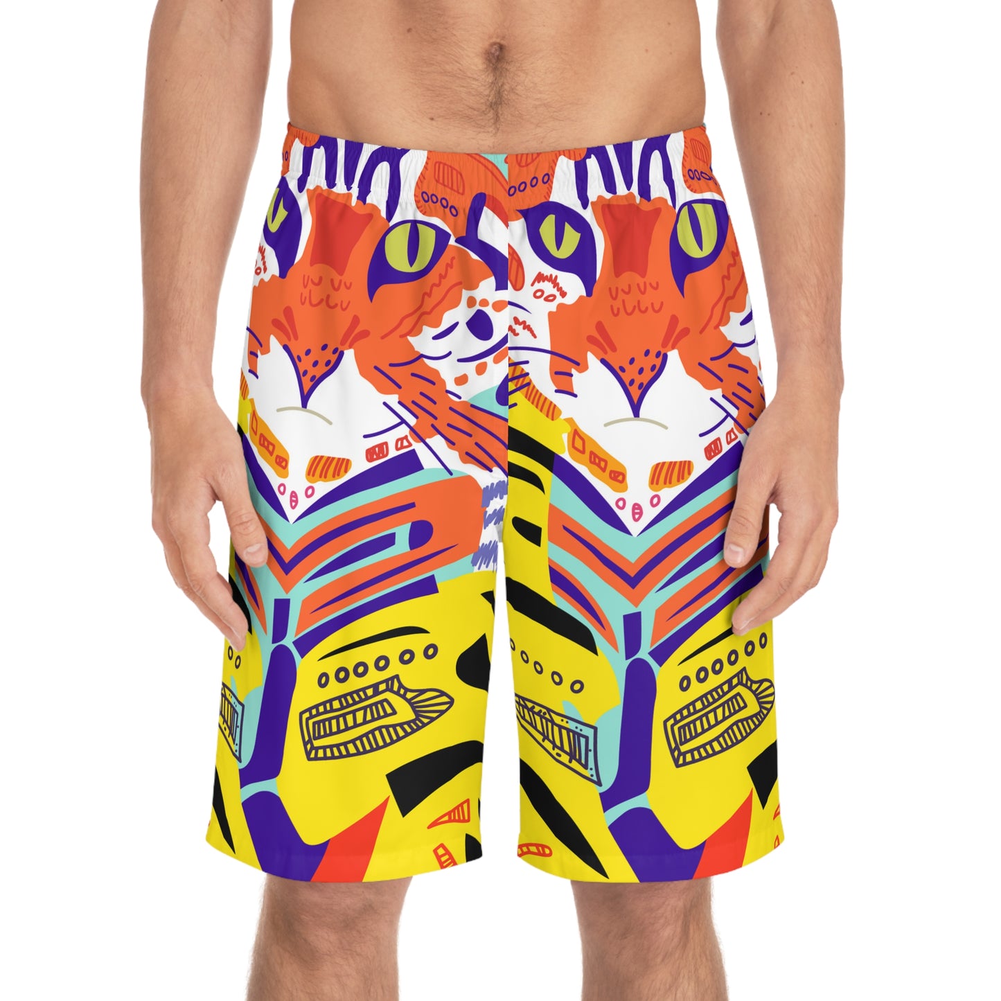 Bold Cat Face Board Shorts — Colorful Tropical Surf Trunks