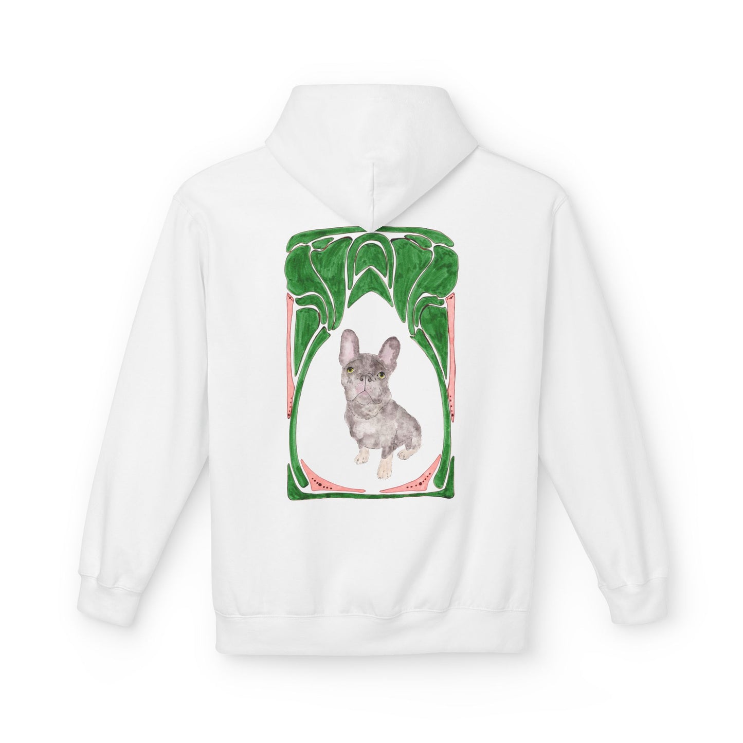 French Bulldog Art Hoodie — Watercolor  with Green Frame Back Print