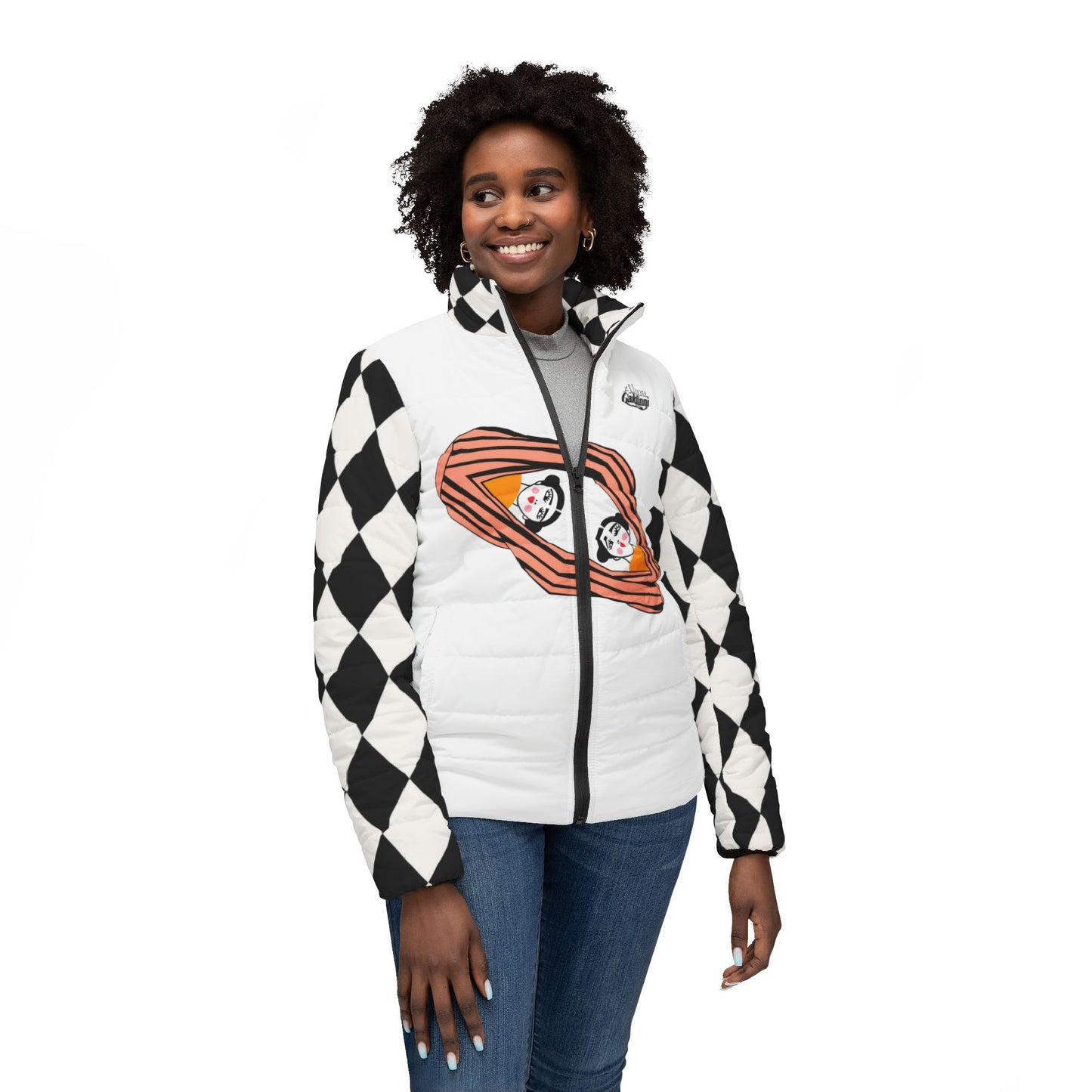 Twins Fridas Puffer Jacket — Playful Card-Style Women’s Puffer
