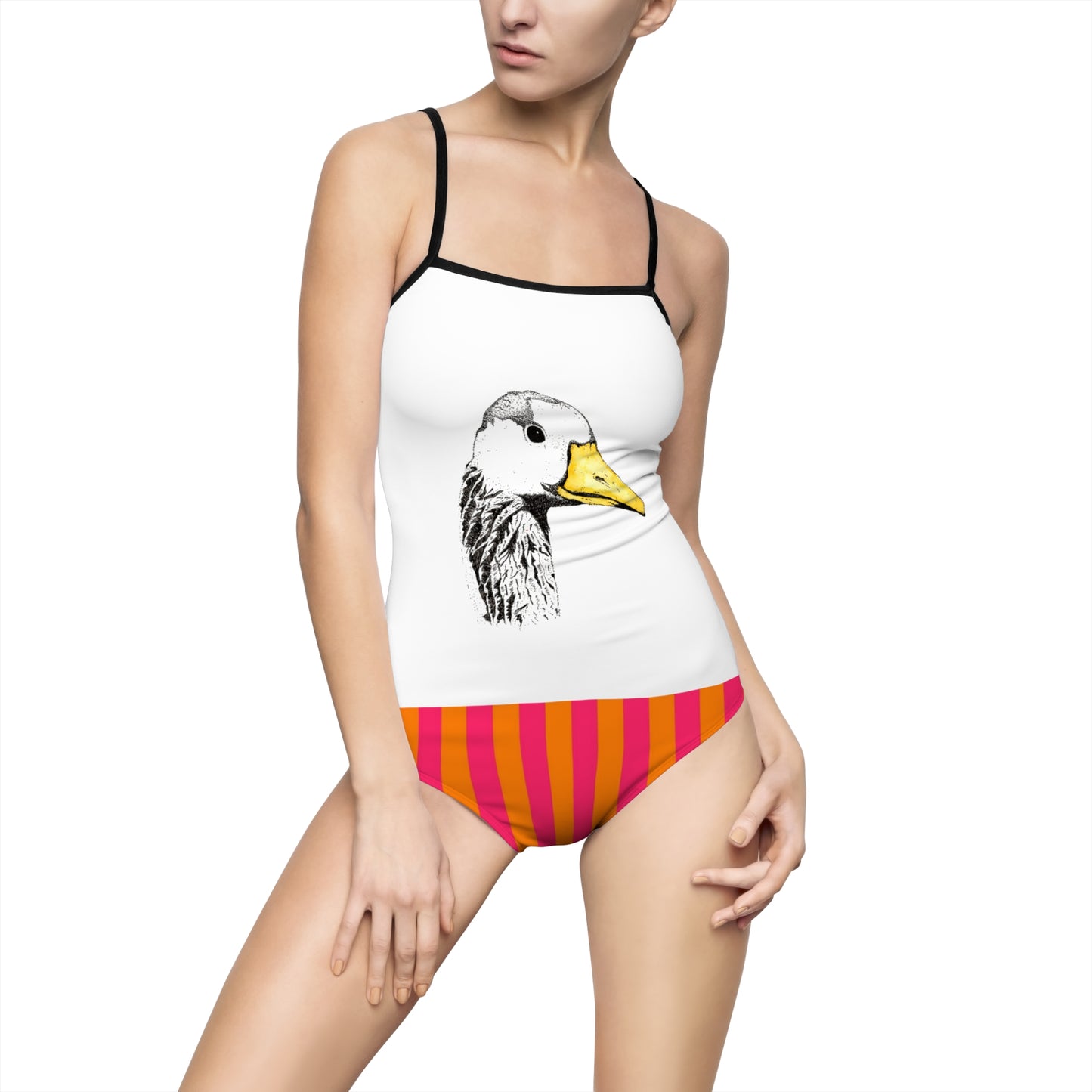 Duck Illustration One-Piece Swimsuit — Retro Pink & Orange Striped Bathing Suit