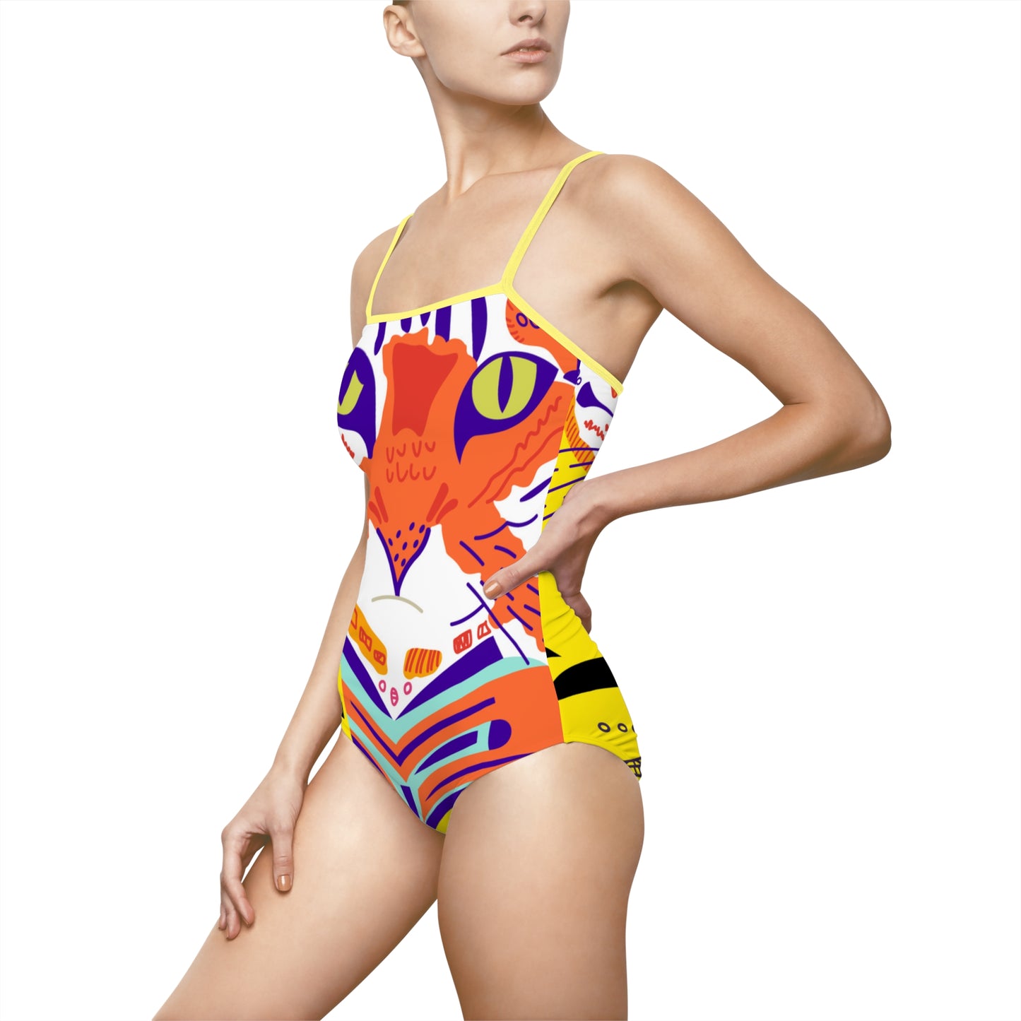 Cat Face Retro Print One-Piece Swimsuit — Bold Colorful Graphic Swimwear