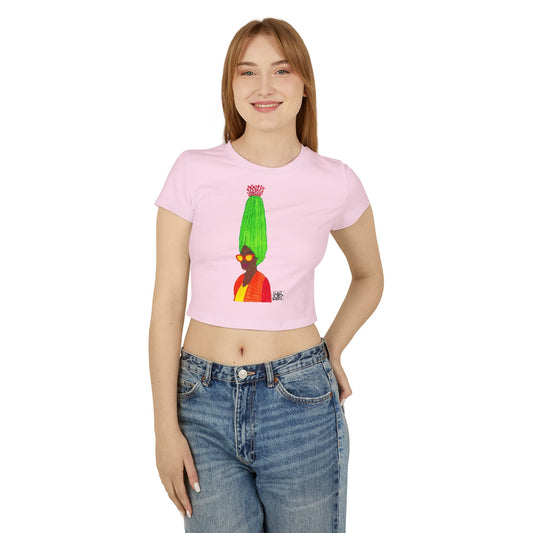 Vibrant Graphic Women's Baby Tee - Funky Green Hair Artist Design