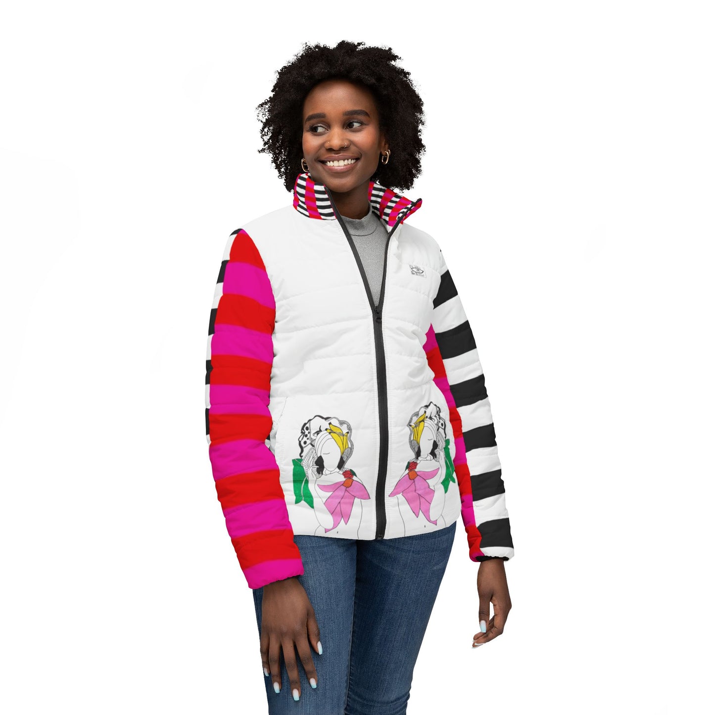 Women’s Puffer Jacket — Tropicalia Art Illustration, Bold Striped Sleeves