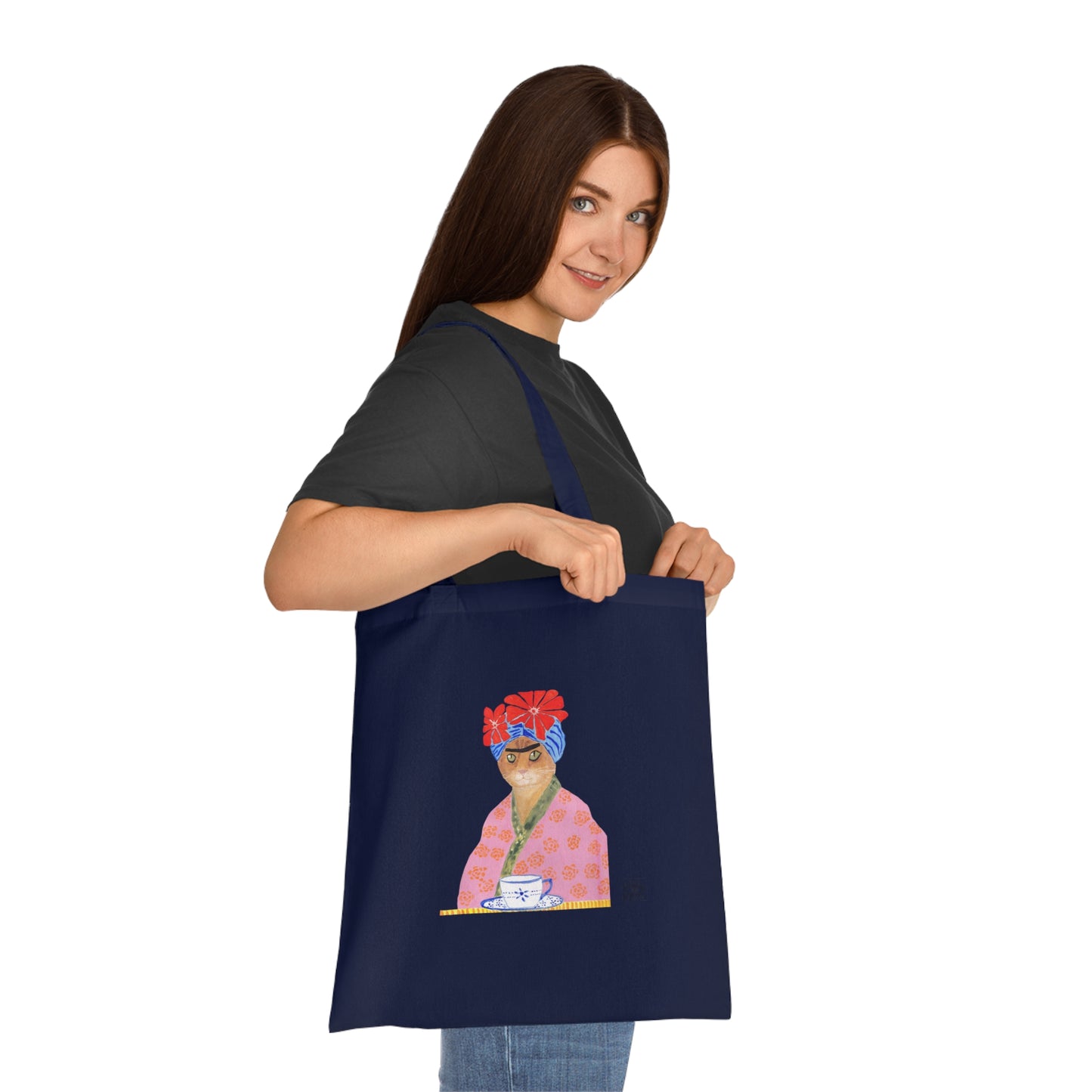 Frida Cat Cotton Tote Bag with Illustrated Woman Design