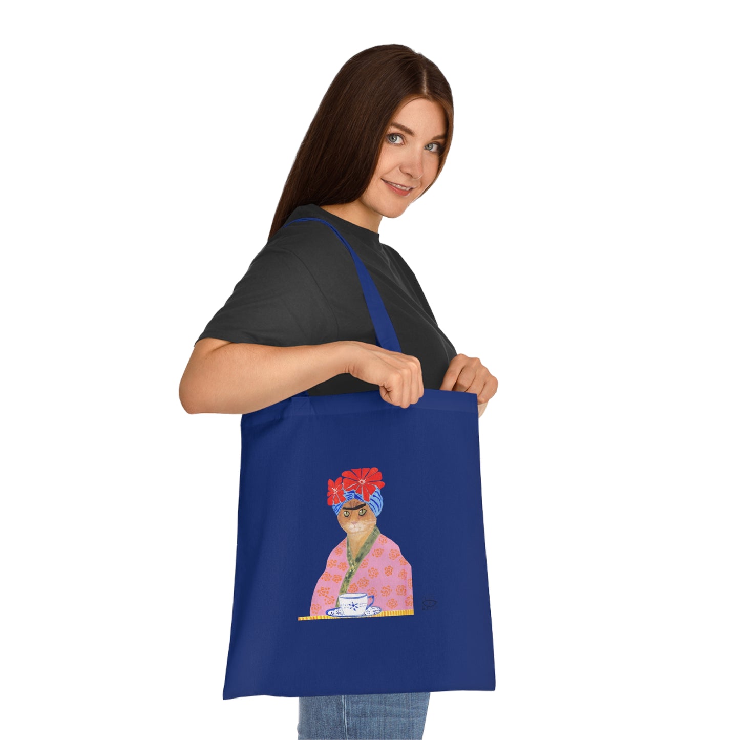Frida Cat Cotton Tote Bag with Illustrated Woman Design