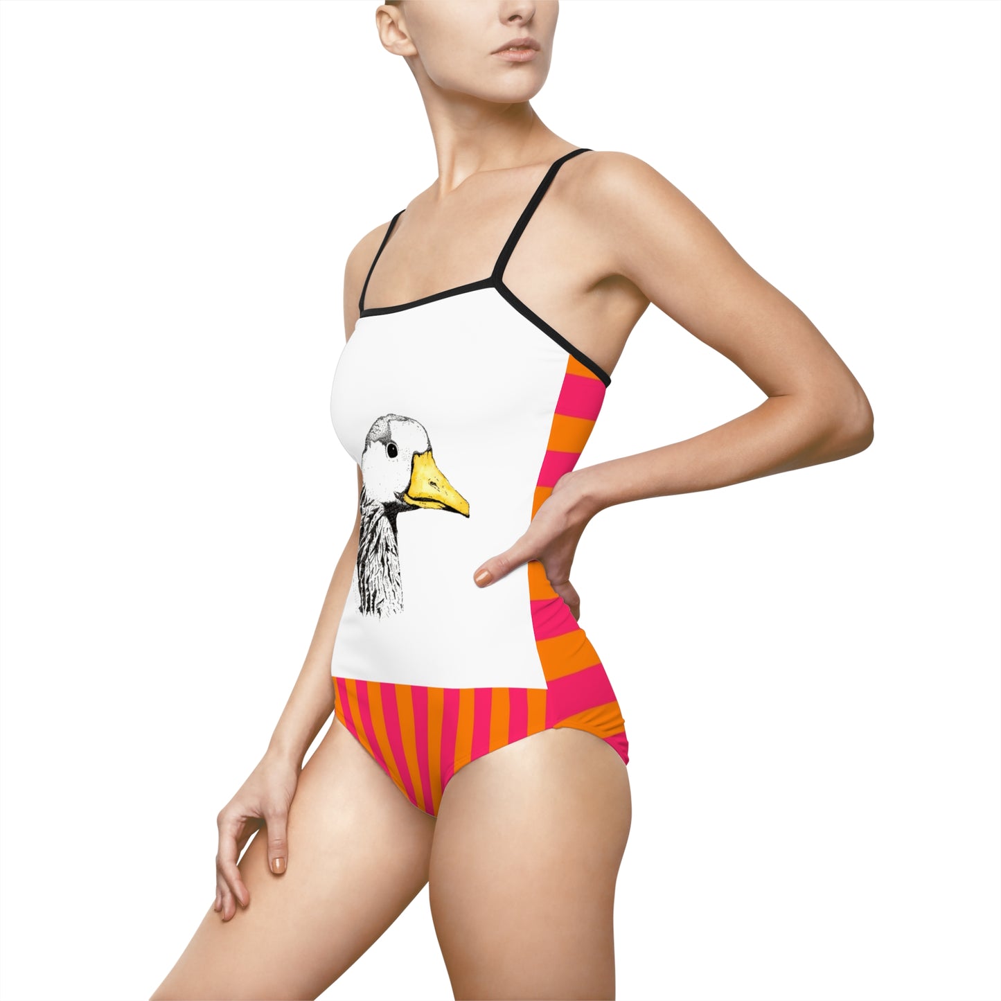 Duck Illustration One-Piece Swimsuit — Retro Pink & Orange Striped Bathing Suit