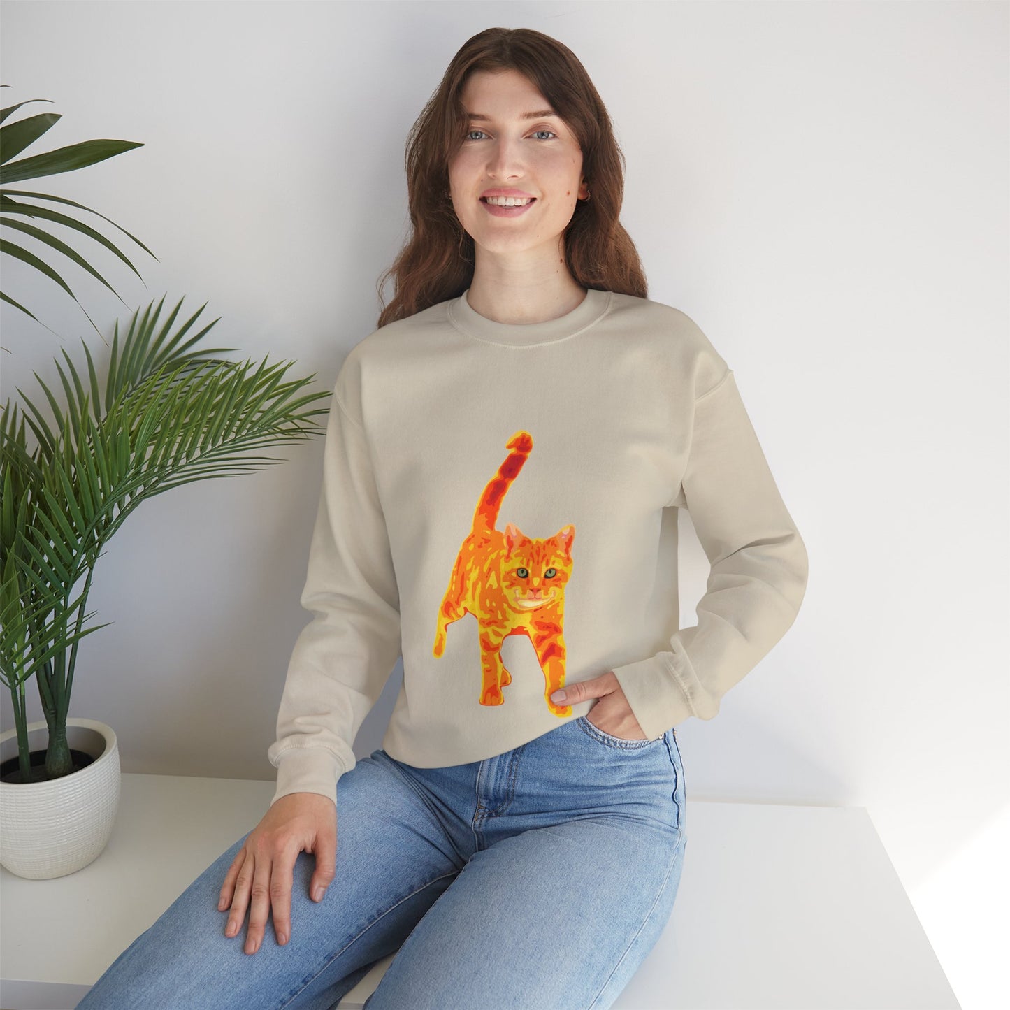 Cat Crewneck Sweatshirt — Orange Tabby Walking Graphic