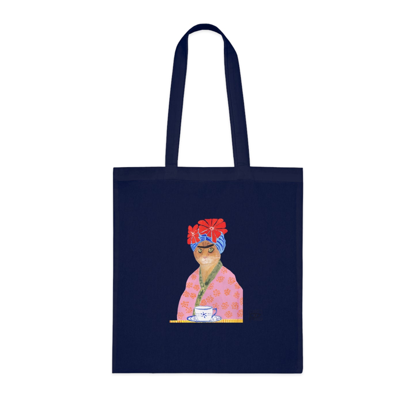 Frida Cat Cotton Tote Bag with Illustrated Woman Design