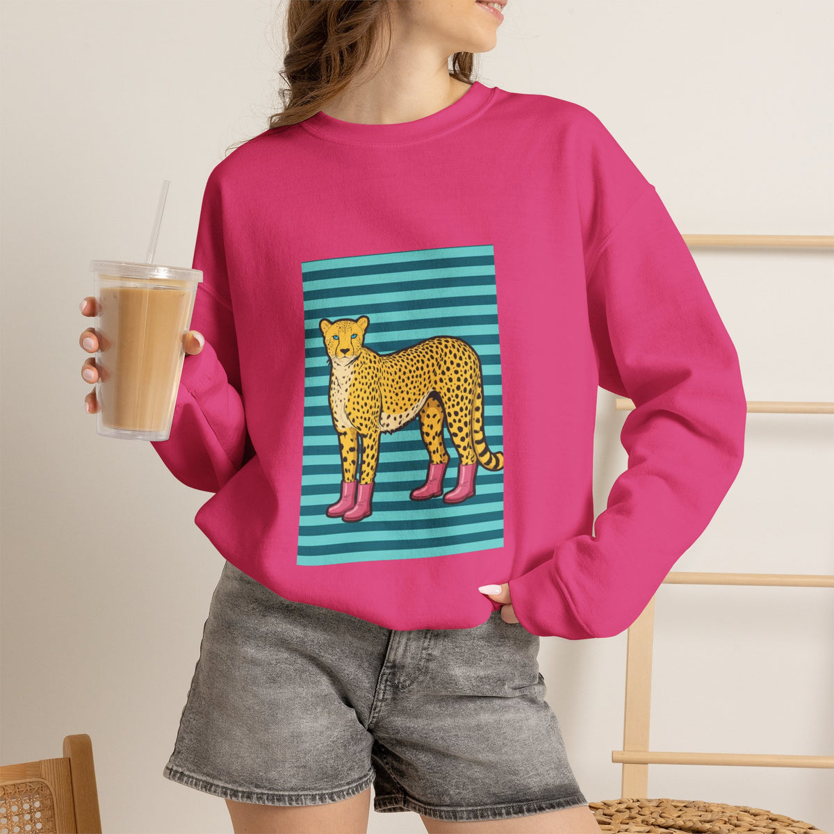 Cheetah in pink boots Unisex Heavy Blend™ Crewneck Sweatshirt