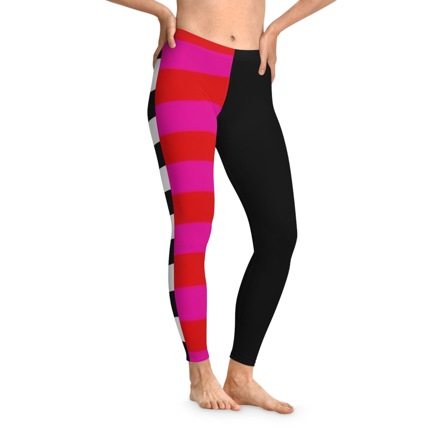 Bold Stripe Colorblock Leggings — Black, Red & Pink Patterned Activewear