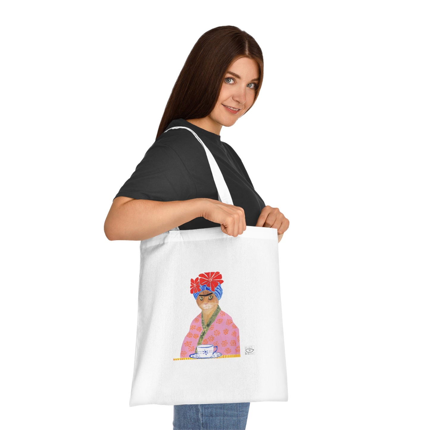 Frida Cat Cotton Tote Bag with Illustrated Woman Design