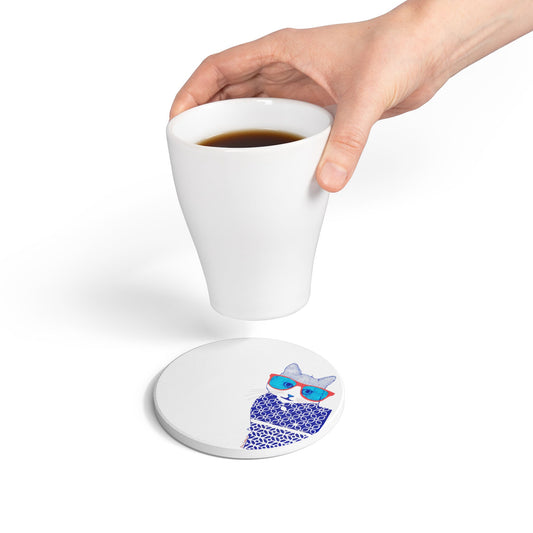 Cool Cat Sunglasses Ceramic Coaster - Fun Home Decor for Cat Lovers