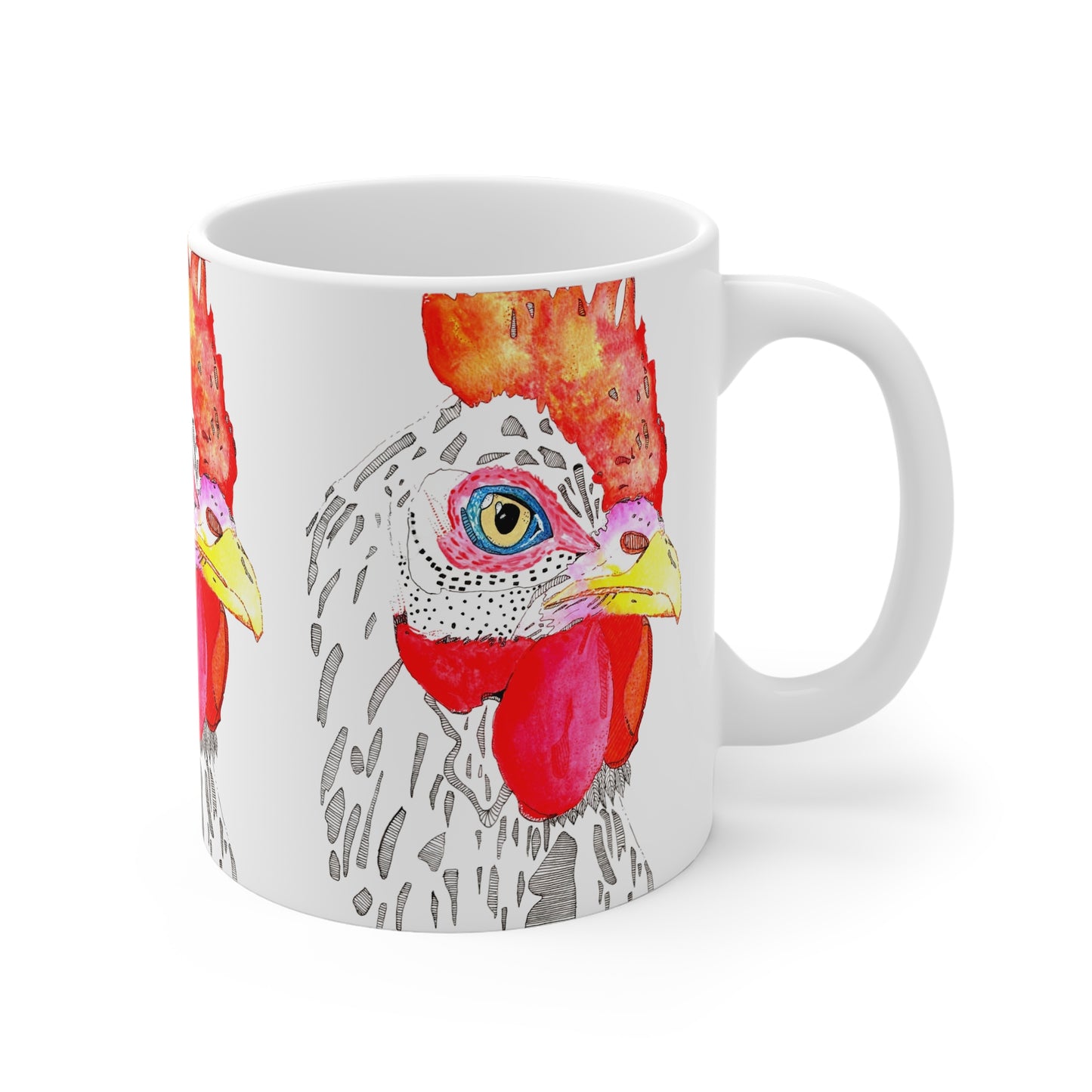 Artistic Chicken Mug - 11oz White Coffee Cup with Colorful Hen Design