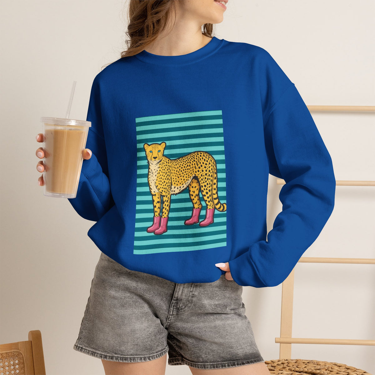 Cheetah in pink boots Unisex Heavy Blend™ Crewneck Sweatshirt