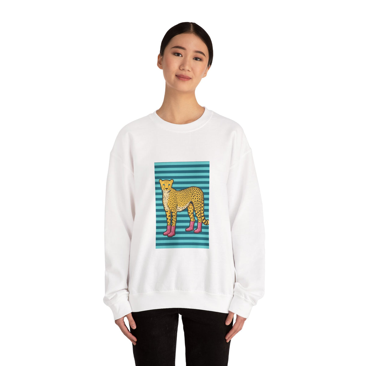 Cheetah in pink boots Unisex Heavy Blend™ Crewneck Sweatshirt