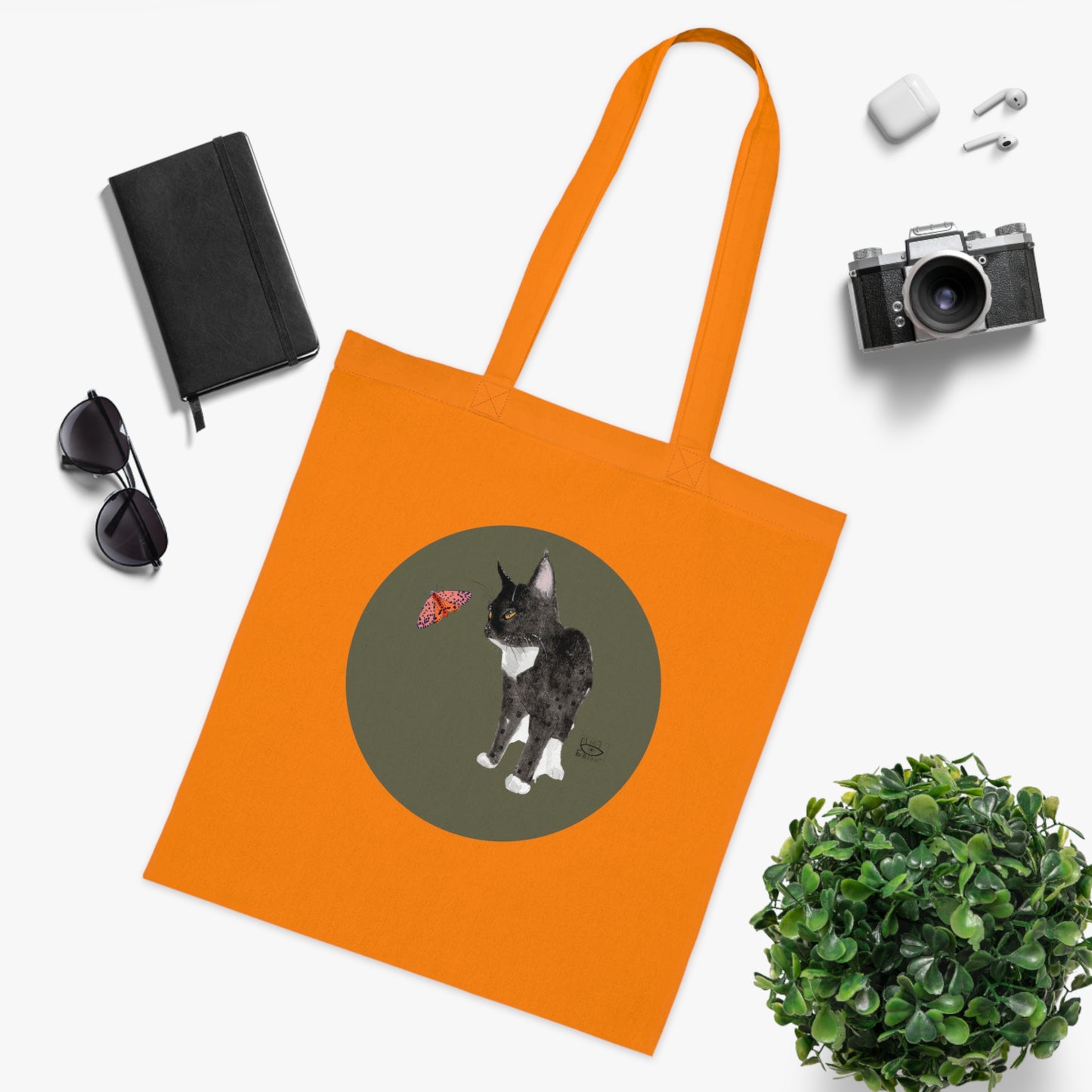 Cat and Butterfly Cotton Tote Bag, Eco-Friendly Shopping Tote, Cute Pet Lover Gift, Animal Lover Tote, Reusable Grocery Bag