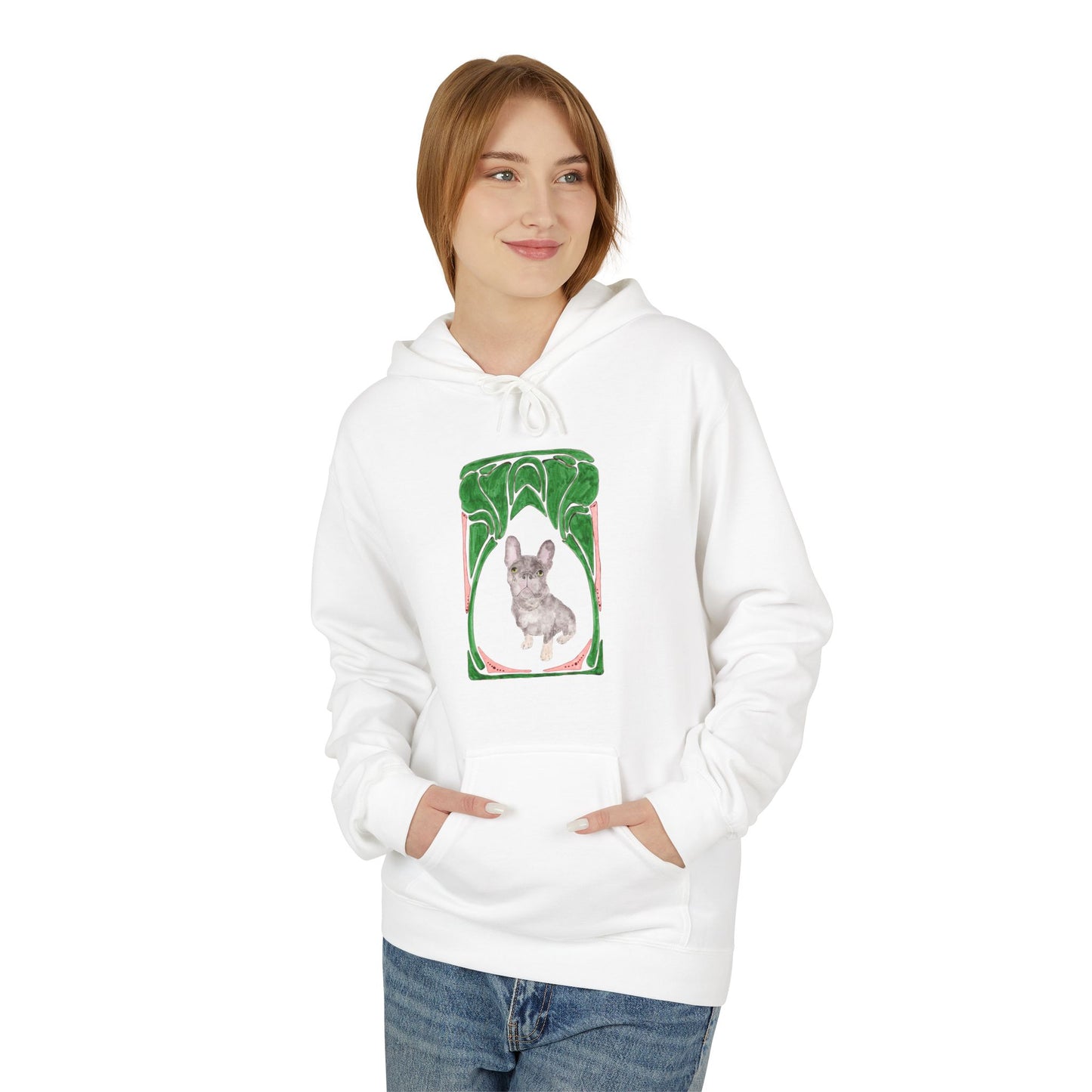 French Bulldog Art Hoodie — Watercolor  with Green Frame Back Print