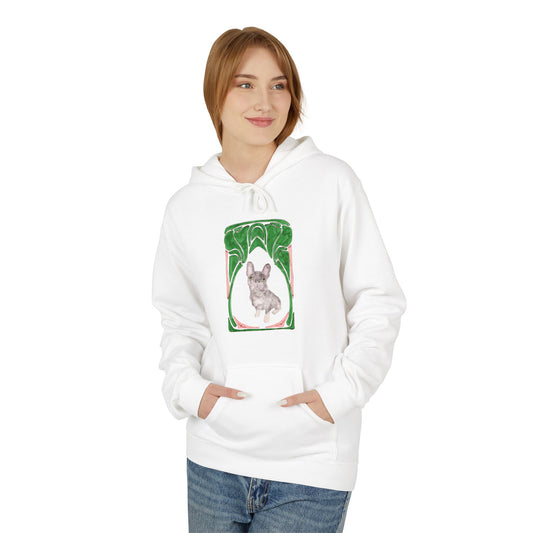French Bulldog Art Hoodie — Watercolor  with Green Frame Back Print