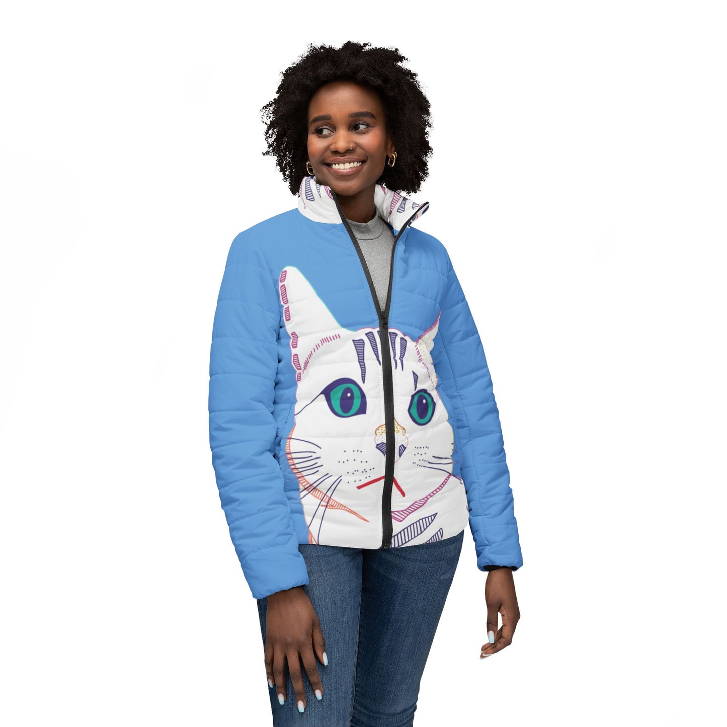 White Cat Puffer Jacket — Cute Illustrated Tabby Women’s Coat