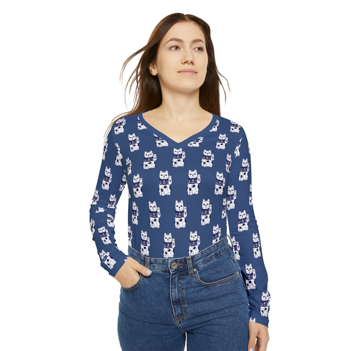 Luck Cat Women's Long Sleeve V-neck Shirt (AOP)
