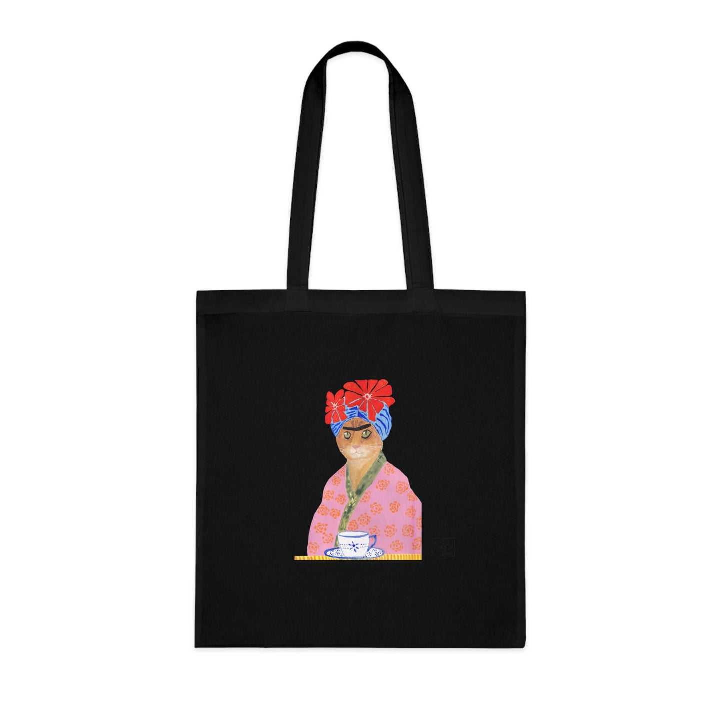 Frida Cat Cotton Tote Bag with Illustrated Woman Design