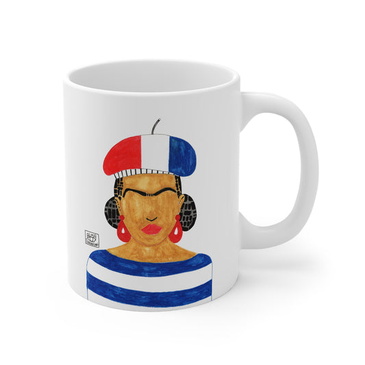 Frida Kahlo 11oz White Mug with Colorful Striped Design - Perfect Gift for Coffee Lovers & Art Enthusiasts